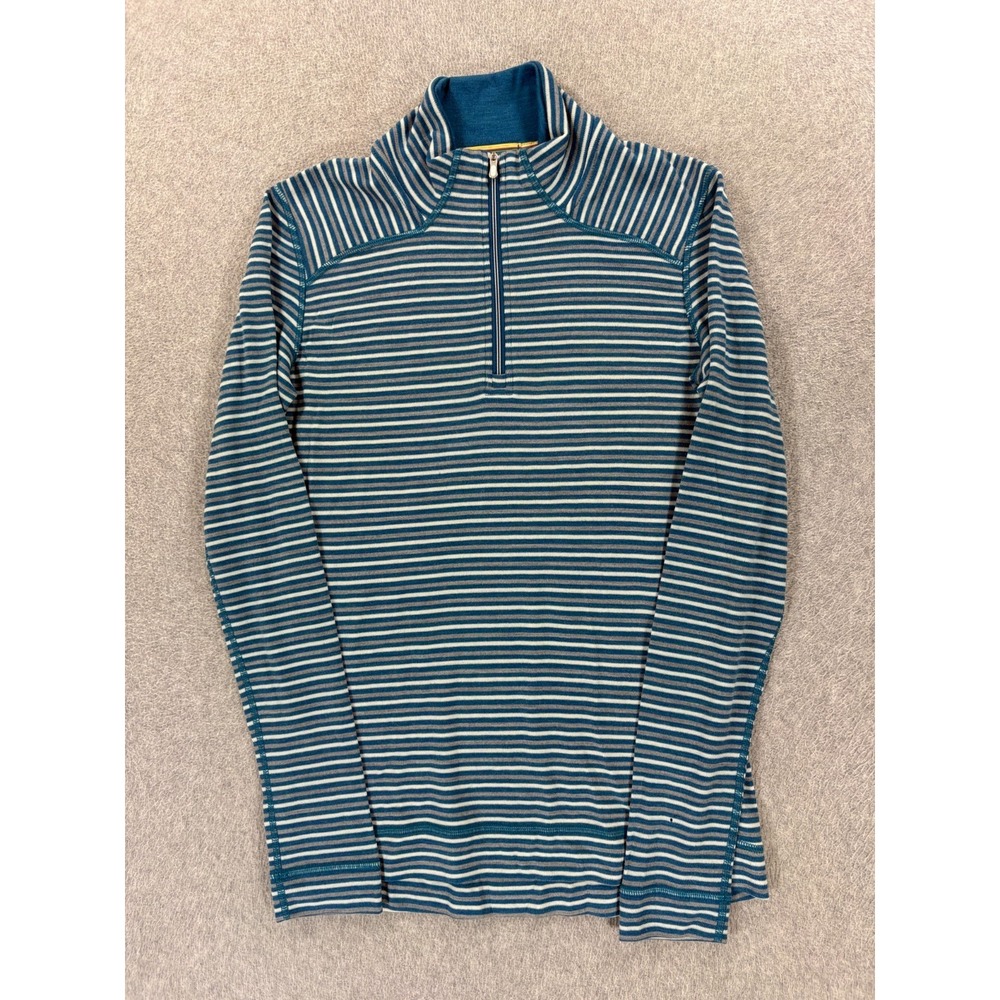 Smartwool Merino Wool Striped 1/4 Zip Base Pullover (Women's Medium) Blue